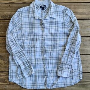 Lands' End Women's Button-Up White/Gray/Blue Plaid Shirt L Sleeve Cotton Size 18